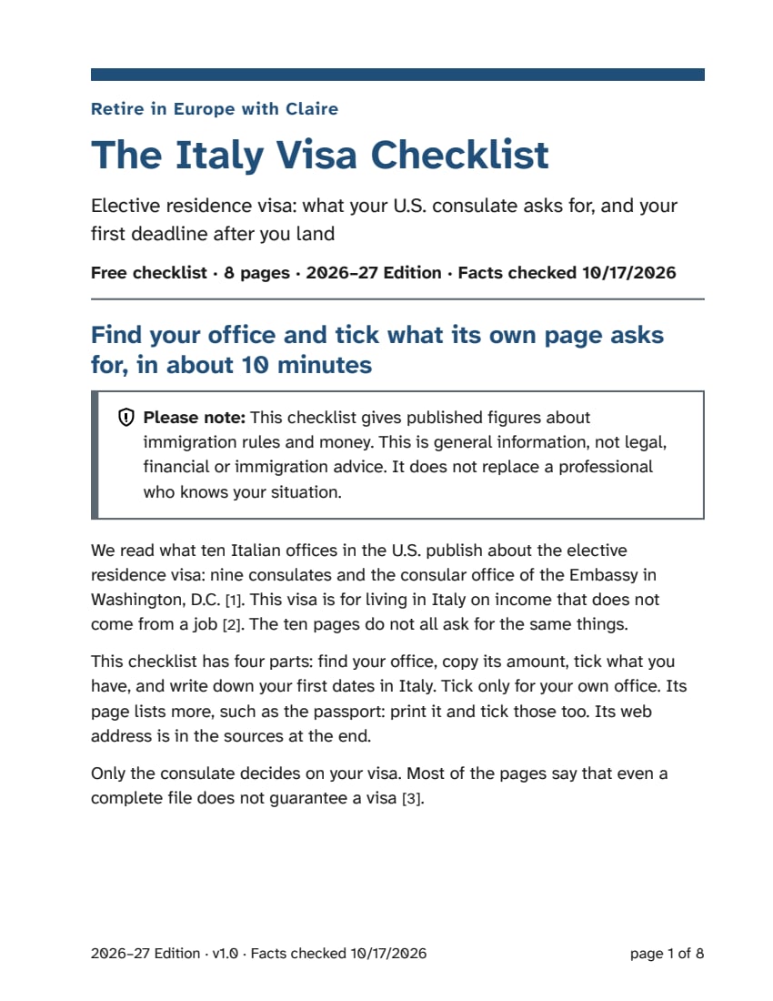 Page 1 of The Italy Visa Checklist: the title, a note that it is general information and not advice, and the four parts of the checklist.
